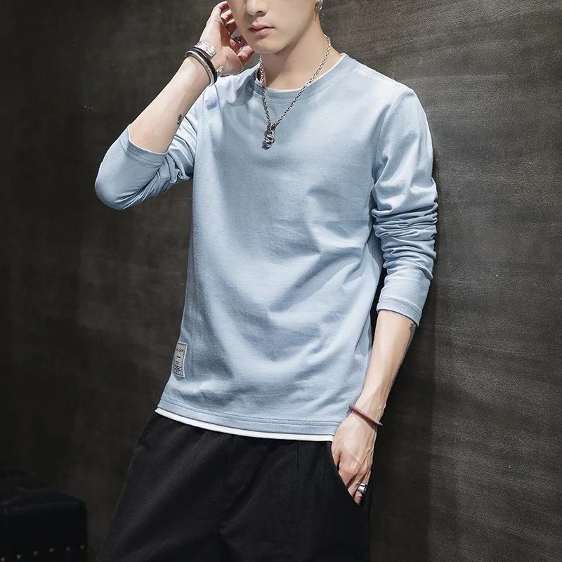 

Men's Cotton Long Sleeve T shirt Spring Autumn Round Neck Patchwork Thin Korean Style Trendy Embroidered Top