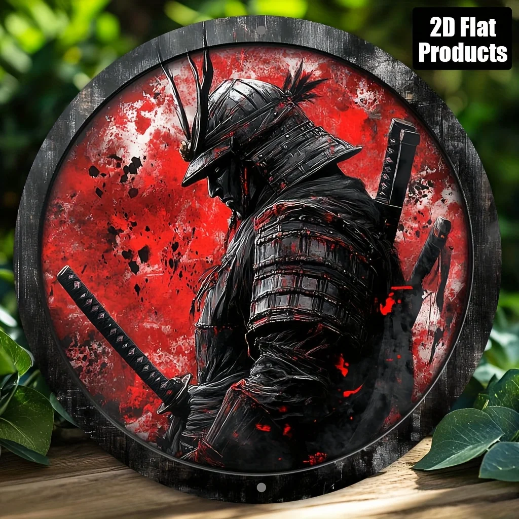 2D Flat, 2D Flat Print, 1 Stück, rundes dekoratives Metallschild aus Aluminium, japanisches Samurai-Thema, geeignet für Bar, Küche, Café, Zuhause, Ro