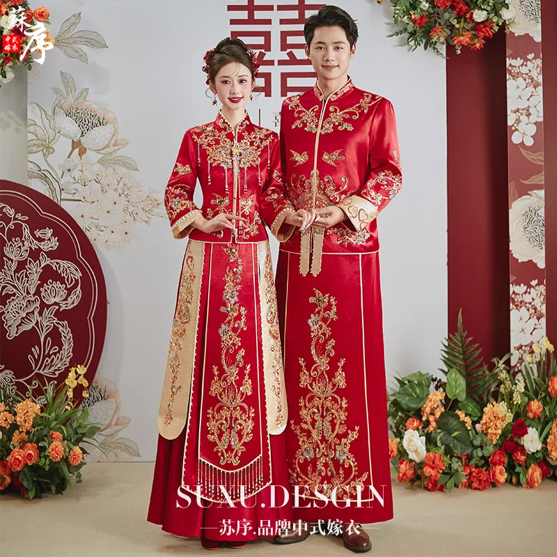 

Yourqipao Chinese Xiuhe Clothing China Traditional Wedding Dresses Heavy Beaded Bridal Toasting Dress Couple Ancient Gowns Sets