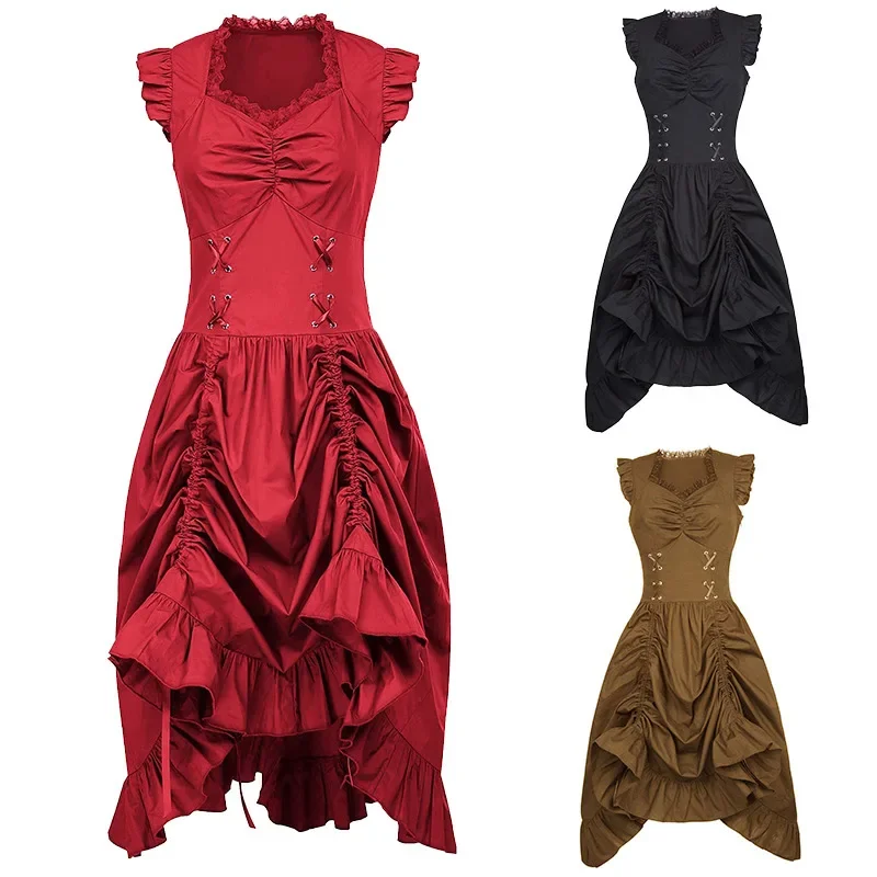 

S-3XL Women Steampunk Gothic Dress Lace Up Ruffled Sleeveless High Low Dress Renaissance V-Neck Adjustable A-Line Dress