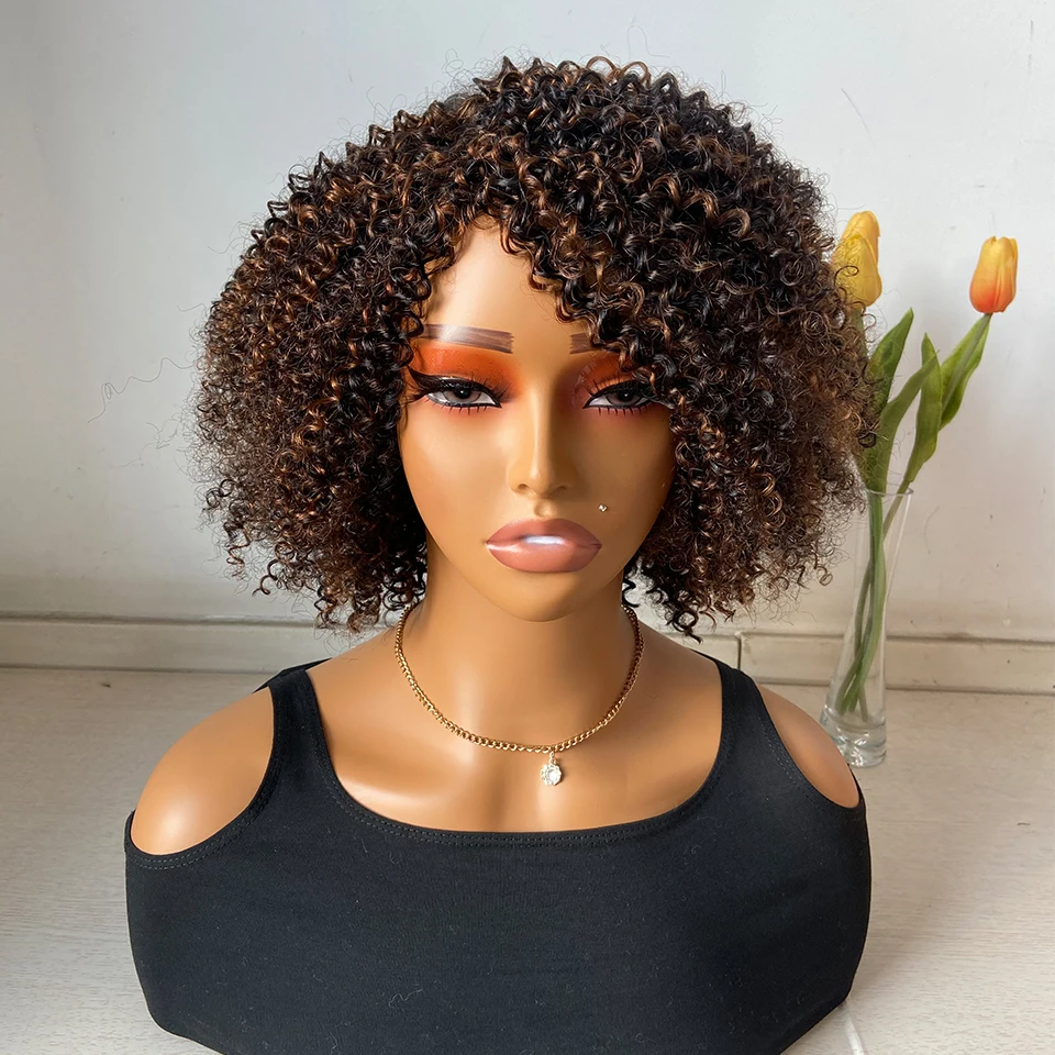 Curly Human Hair Wigs For Women P1B/30 Brown Highlight Colored Jerry Curl Brazilian Hair Wigs Short 100% Real Ready To Wear Wigs