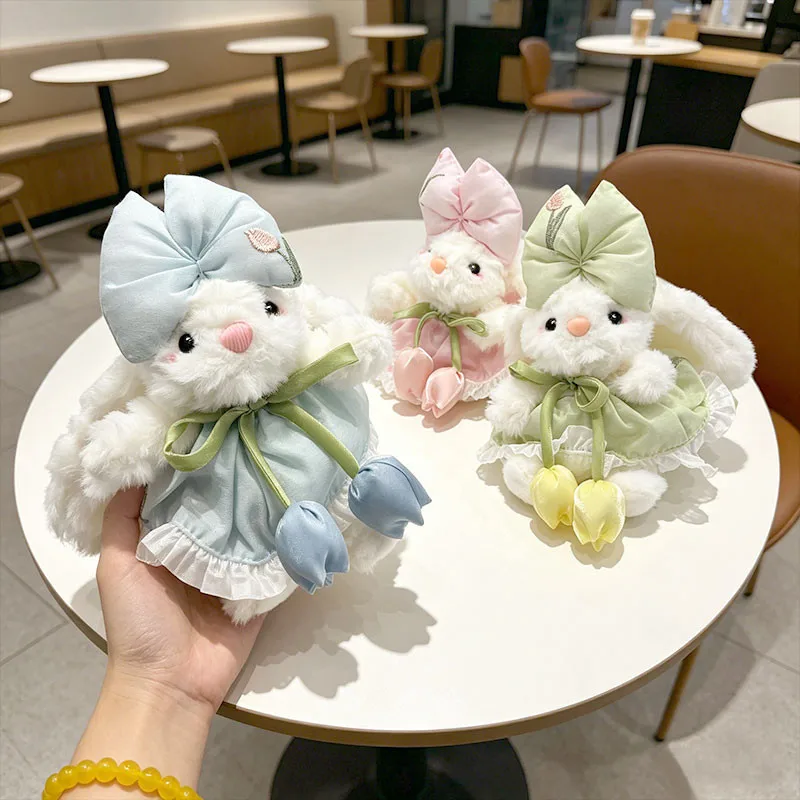 Floral Tutu Skirt Bunny Plush Keychain Soft White Velvet Cute Decor Gift Bow Ribbon PP Cotton Filler All Ages Decoration 20cm