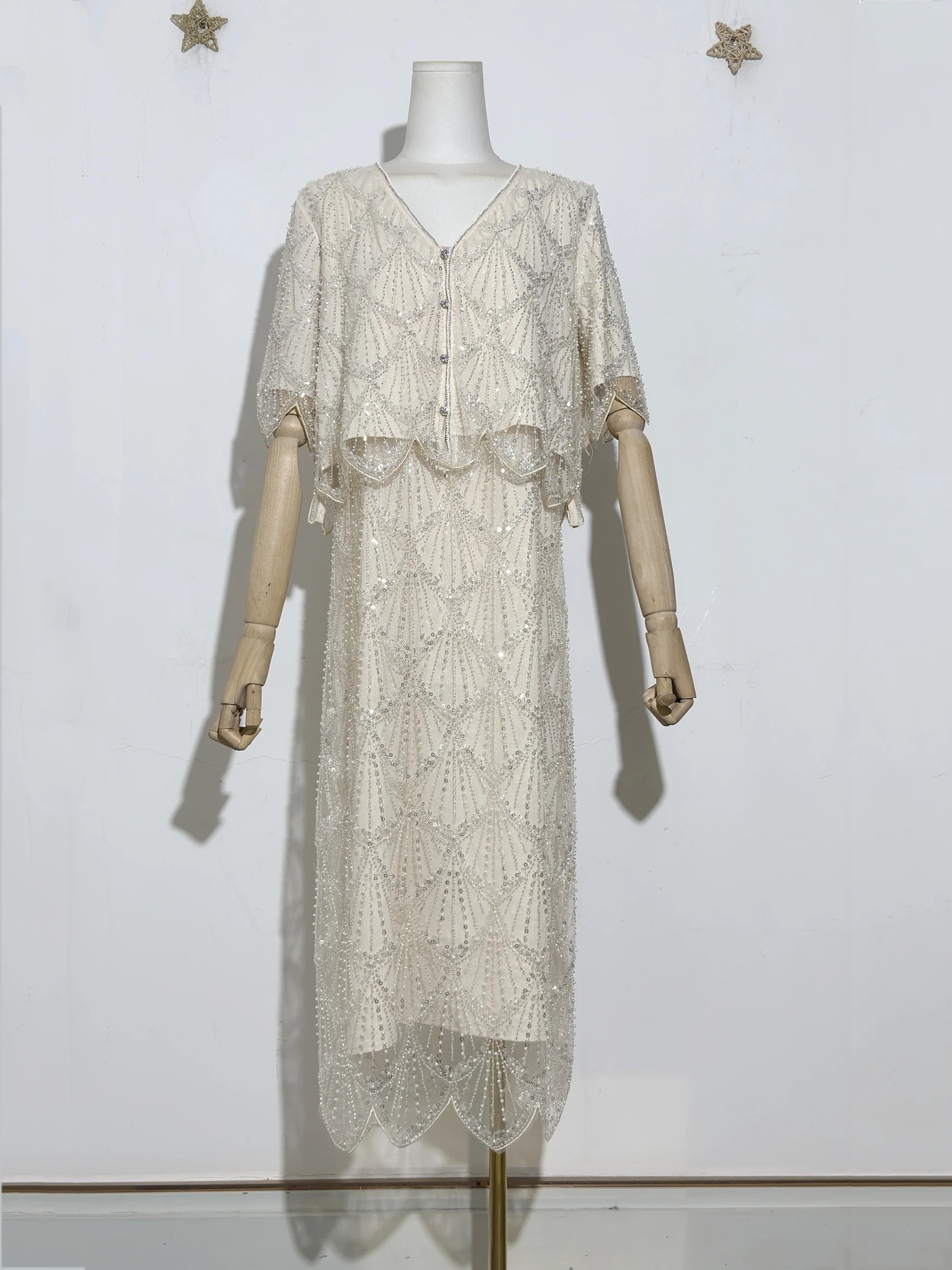 

Gatsby New Heavry Embroidery Sequin Pearl 2-Cut Bead Timeless Design Elegant Blouse Top Cardigan Vintage Flapper Strap Dress Set