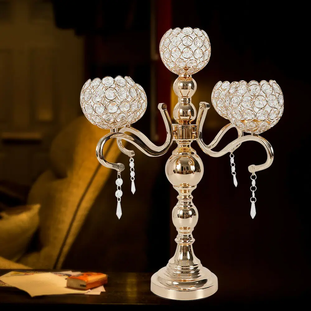 

Gold 5-Arm Modern Crystal Candle Holder | Iron & Glass Tabletop Stand, 45x55cm, Fits 6cm Candles