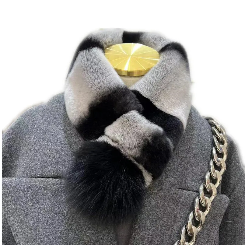 

Chinchilla Color Gift Real Rex Rabbit Fur Shawl Fluffy Genuine Fox Fur Ball Cross Scarf Warm Neckerchief