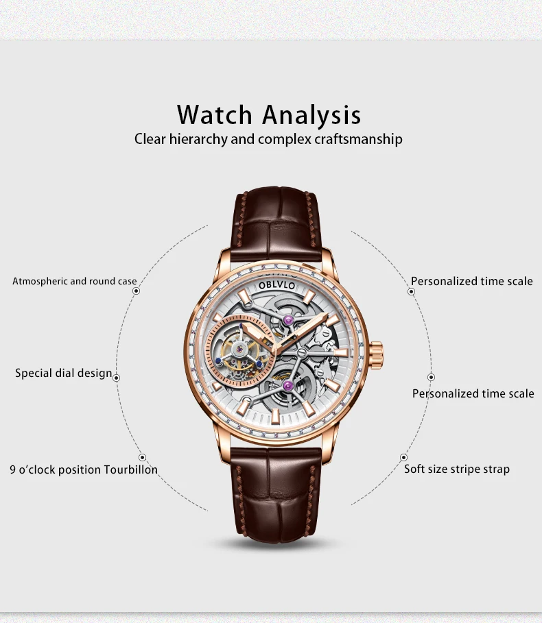 OBLVLO Orologio automatico da uomo 45mm Real Tourbillon Orologio da polso meccanico Luminoso impermeabile Zaffiro Scheletro Chiusura a farfalla