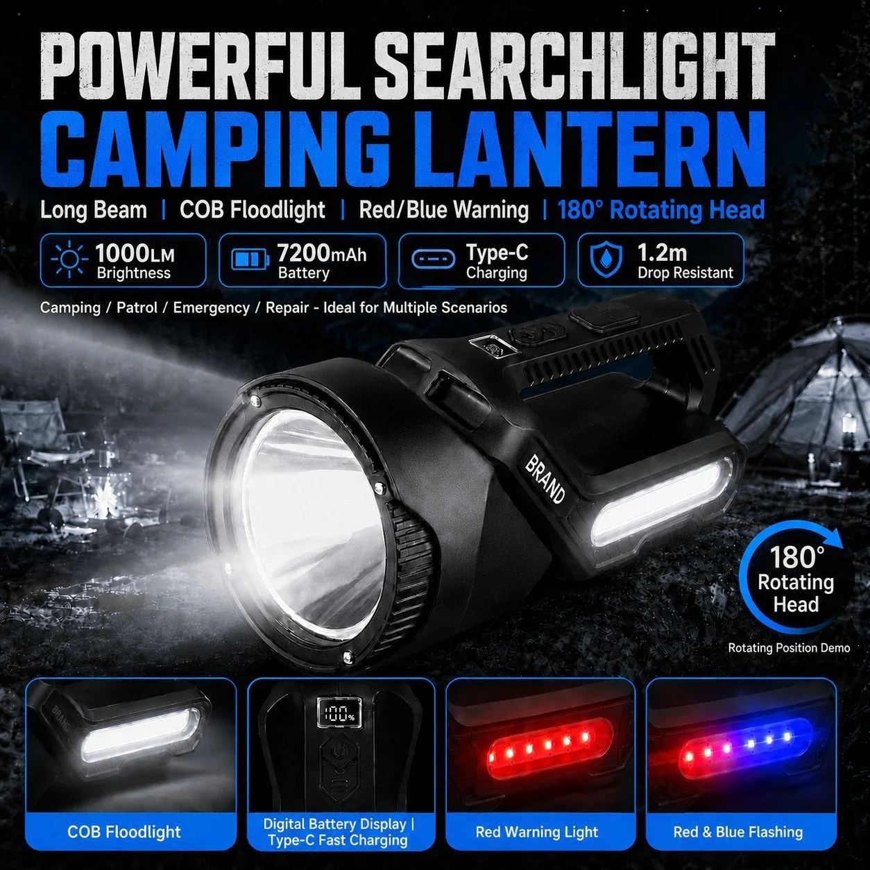 Portable COB LED Work Light 180° Rotatable Handheld Spotlight 7 Modes Dimmable Waterproof Camping Lantern Outdoor Emergency Lamp
