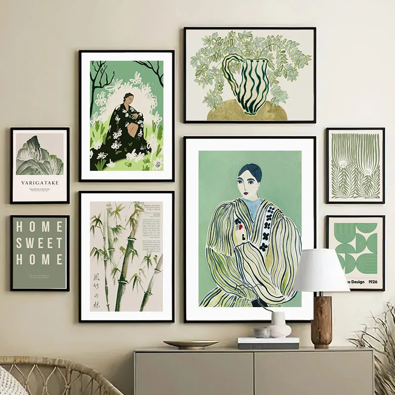 Gestreifte Mädchen-Vase, Blatt- und Blumen-Wandkunst, Leinwandgemälde, abstrakte Poster und Drucke, Hotelbar-Wandbilder für das Wohnzimmer