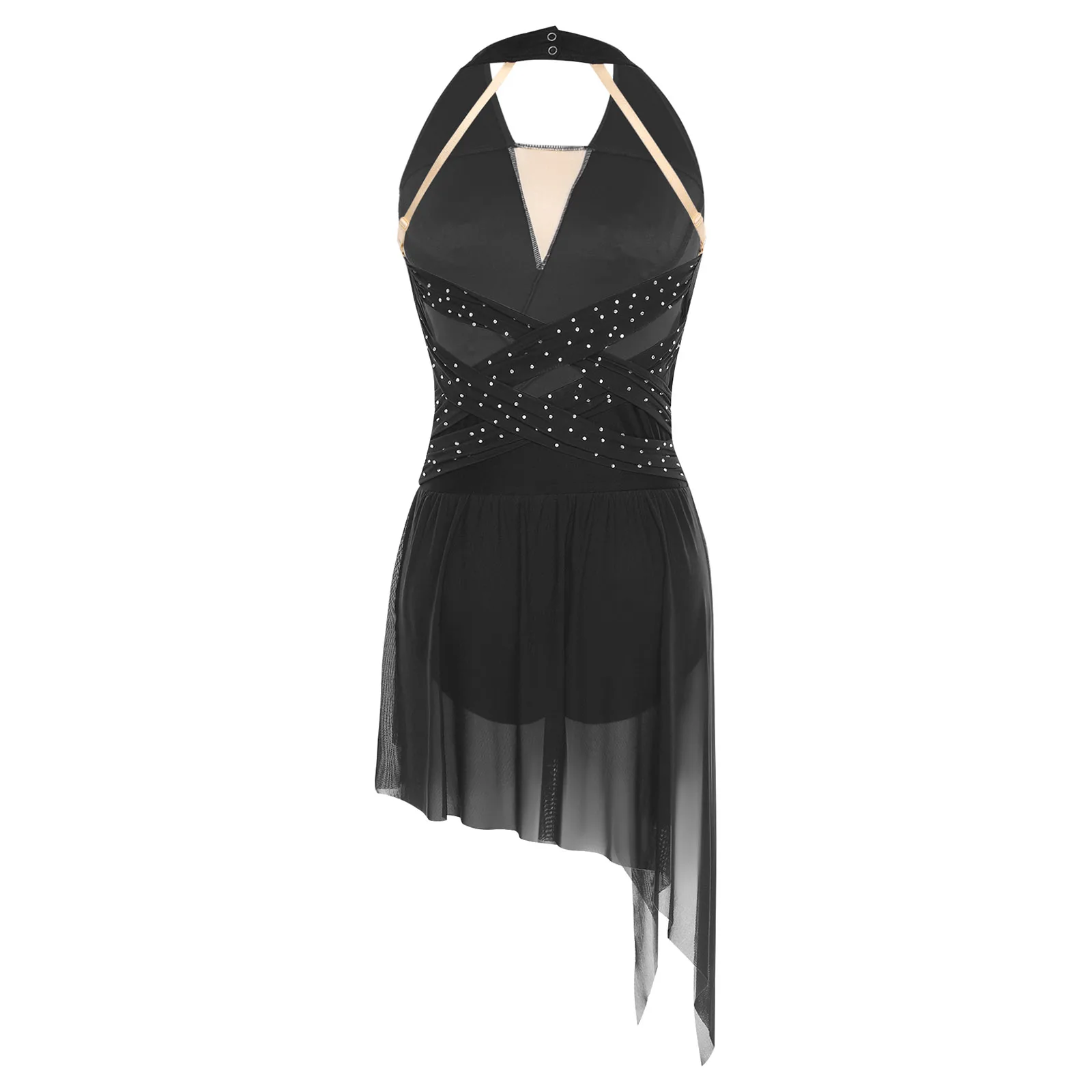 Women Figure Skating Bodysuit V Neck Ruched Mesh Rhinestone Backless Irregular Leotard Dress Chacha Samba Rumba Dance Costume