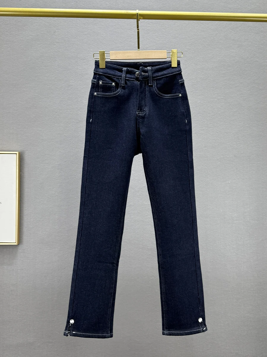 

Thiened Fce High Waist Straight Leg Jeans Women's Winter New Sle Elastic Slimming Ins European Goods Deep Color