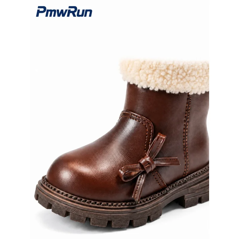 PU Leather Winter Snow Boots For Children Calf Length Thick Warm Padded Cotton Shoes Anti-slippery Faux Fur Plush Footwear
