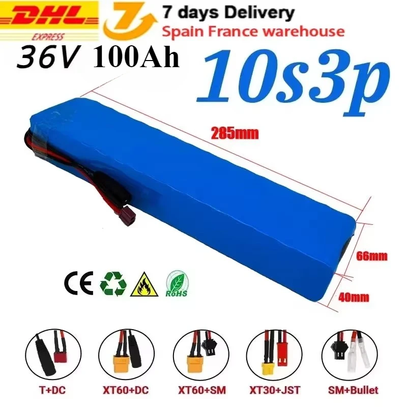 Expédition depuis la France, batterie lithium rechargeable 36V 100Ah 18650, pack de batteries 10S3P 1000W avec BMS pour vélo, scooter