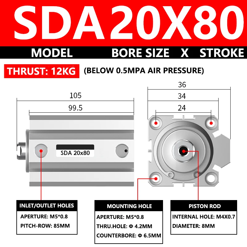ABILKEEN SDA20X80 SDA Series Thin Air Cylinder 20MM Female Thread Bore X 80MM Stroke Double Acting Pneumatic Compact Cylinder