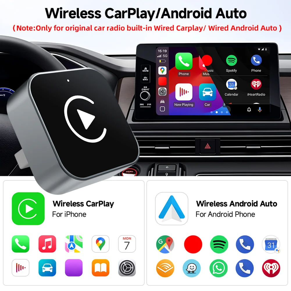2 in 1 Wireless CarPlay Android Auto Adapter Smart USB Dongle Auto Connect Plug & Play Adapter for Factory Wired CarPlay Cars