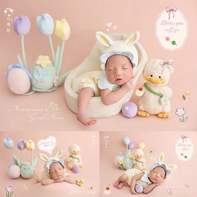 Newborn Baby Girls Florals Flowers with Pink Backdrop Outfits Set Mini Cute Duck Decors for Studio Photoshoot Accessories