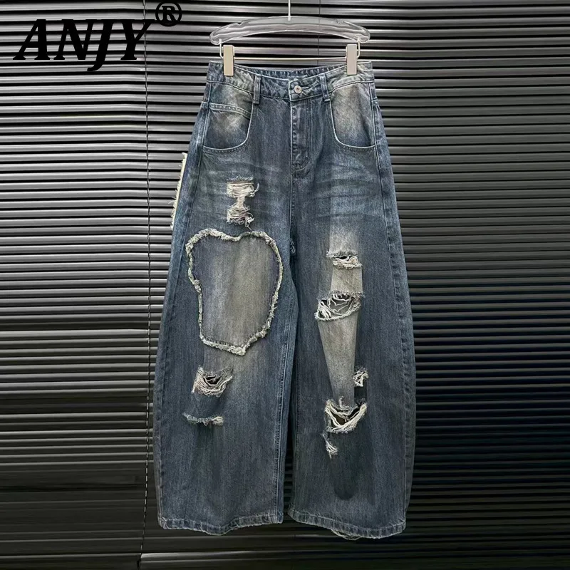 

ANJY, весенне-осенние новые женские рваные джинсы с нашивками для отходов, потертые джинсовые брюки с широкими штанинами High Street A17600