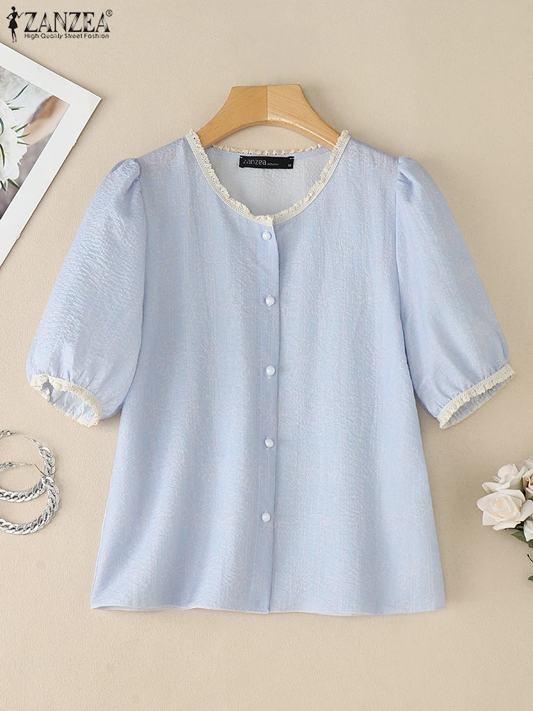 ZANZEA 夏の女性のレーストップスファッションシャツ 2025 半袖チュニックブラウスカジュアルルーズ無地パフスリーブ甘い Blusas