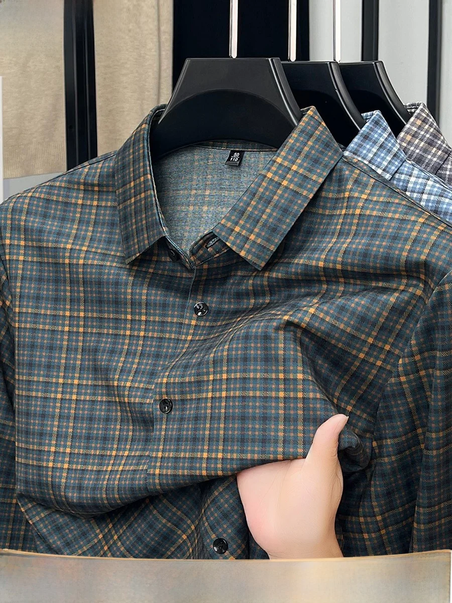 

Woodpeer Men's Plaid irt Wool Casual Turn-down Collar Long Sve Busin Casual Middle-aged Upper Apparel Coat