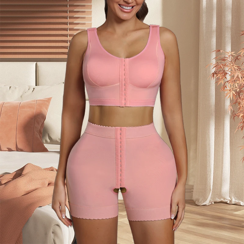 2pcs Women Pink Firm Shapewear Set Post Surgery Stage 2 Faja Shaper Bra Tops And Butt Lifter Open Crotch Shaper Shorts