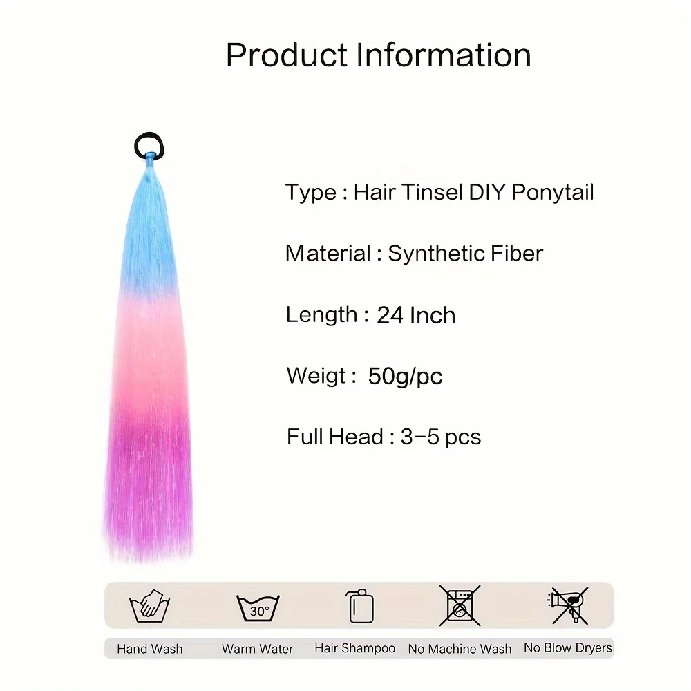 Colorful Hair Extensions Ombre Braid Ponytail Blend Hair Tinsel with Hair Tie Crazy Hair Day Accessories For Women Girls