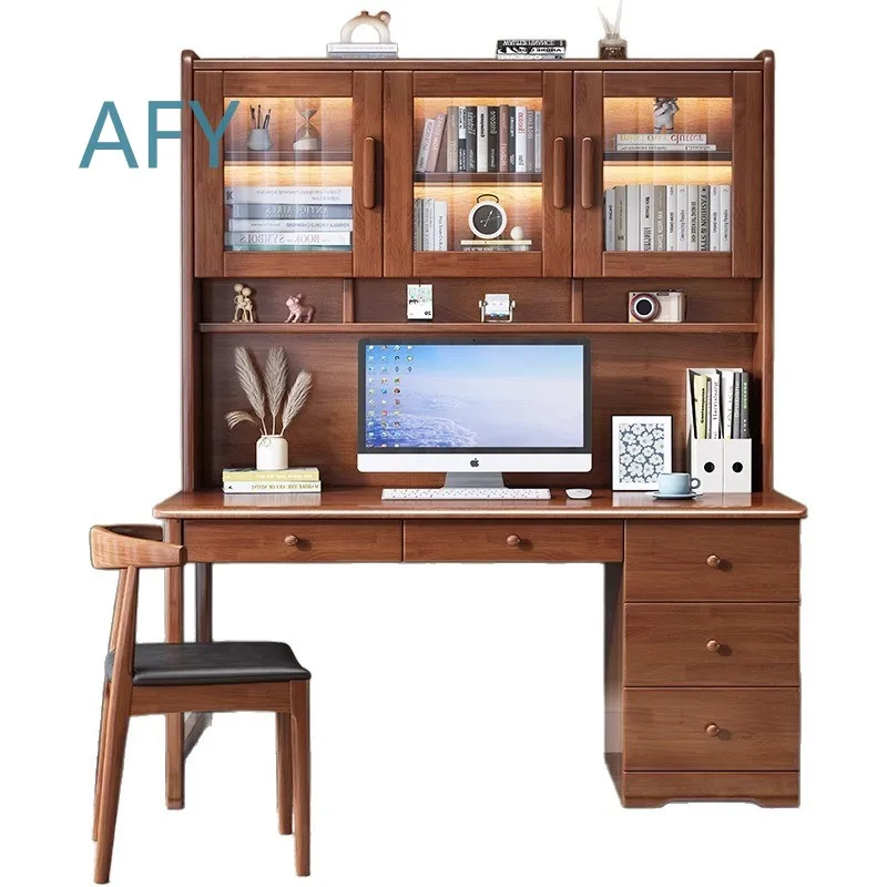 Solid Wood Desk for Children Study Table Bookshelf Bookcase Integrated Combination Computer Desk with Chair for Bedroom Home