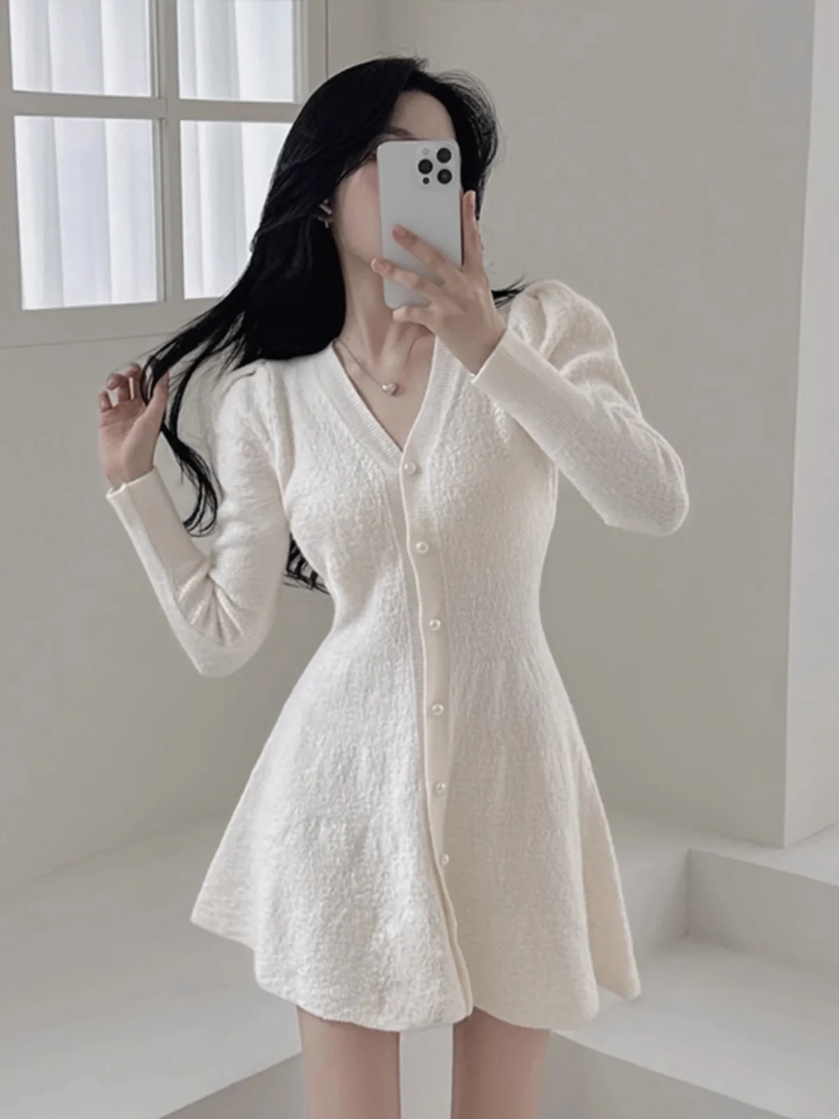 Vestido linha a de cintura alta, manga crida, decote em v, estilo coreano, camada base de emaecimento, vestido midi de c...