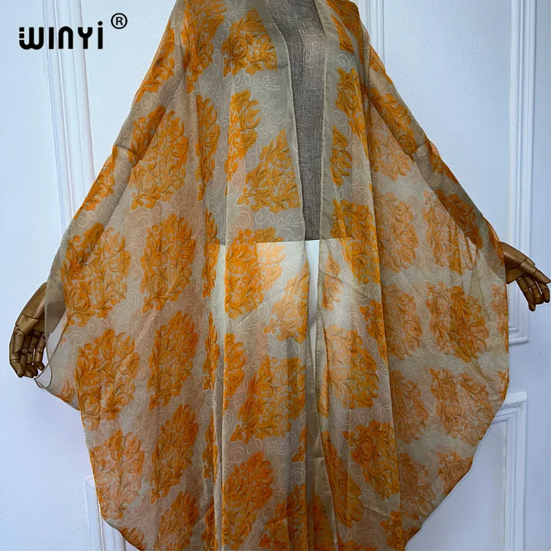 WINYI maxi kimono summer Perspective sexy Cardigan Boho print beach dress Kaftan bikini cover up Holiday beach outfits for women