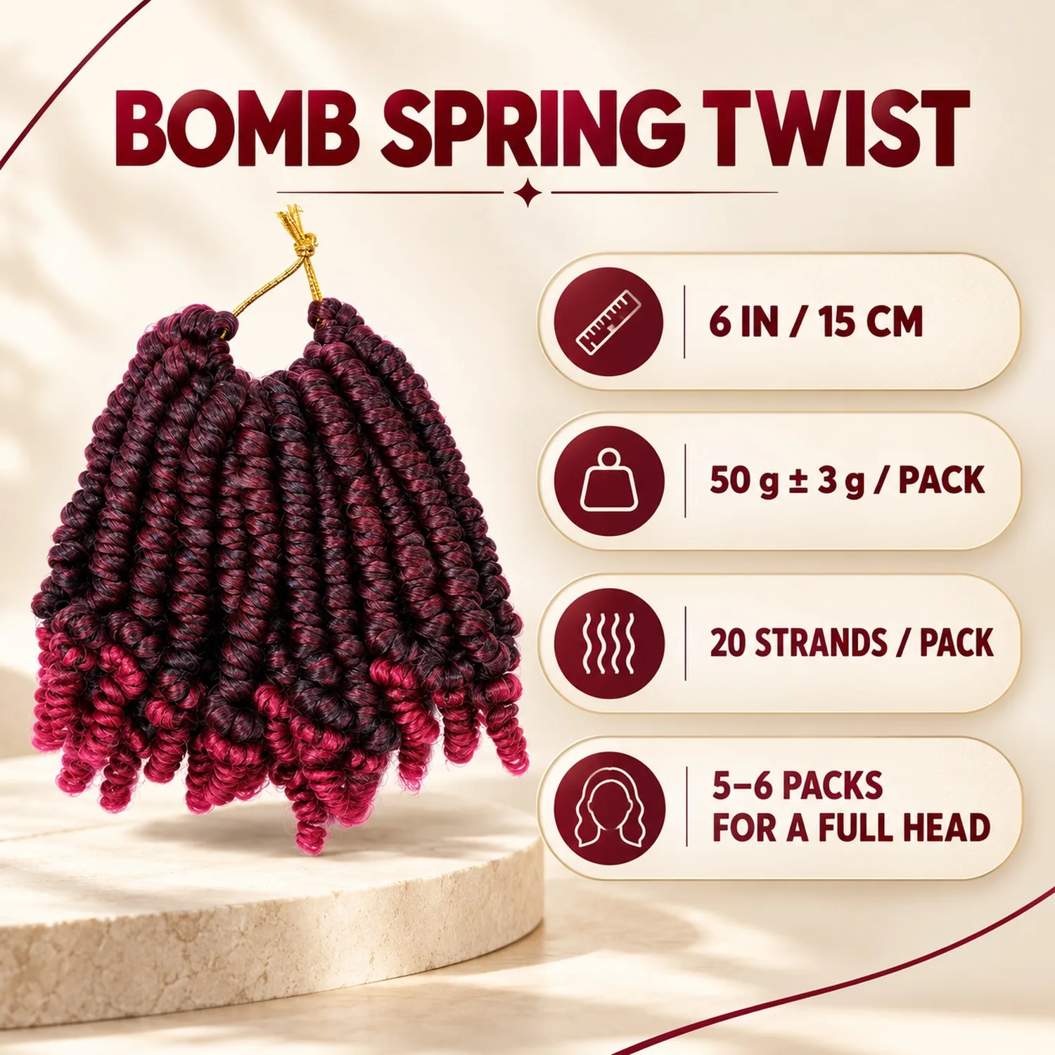 6 Inch Spring Twist Pre-Twisted Crochet Hair, 50g 20 Strands/Pack Soft Synthetic Curly Braids Ombre Hair for Women Kids Pro
