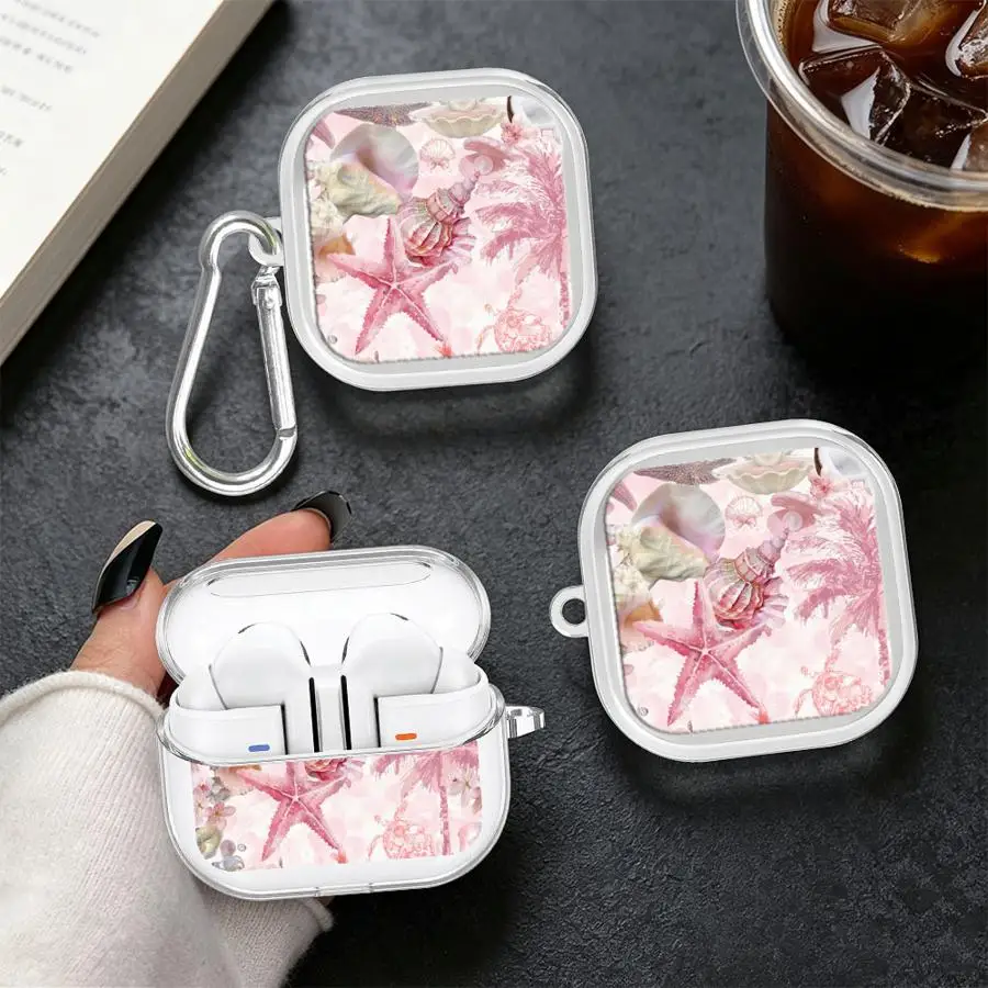 Pink Palm Print Case For Samsung Galaxy Buds 4Pro 3Pro 2 3 FE 4 Pro 2Pro Live Clear Earphone Cases Cover With Hook