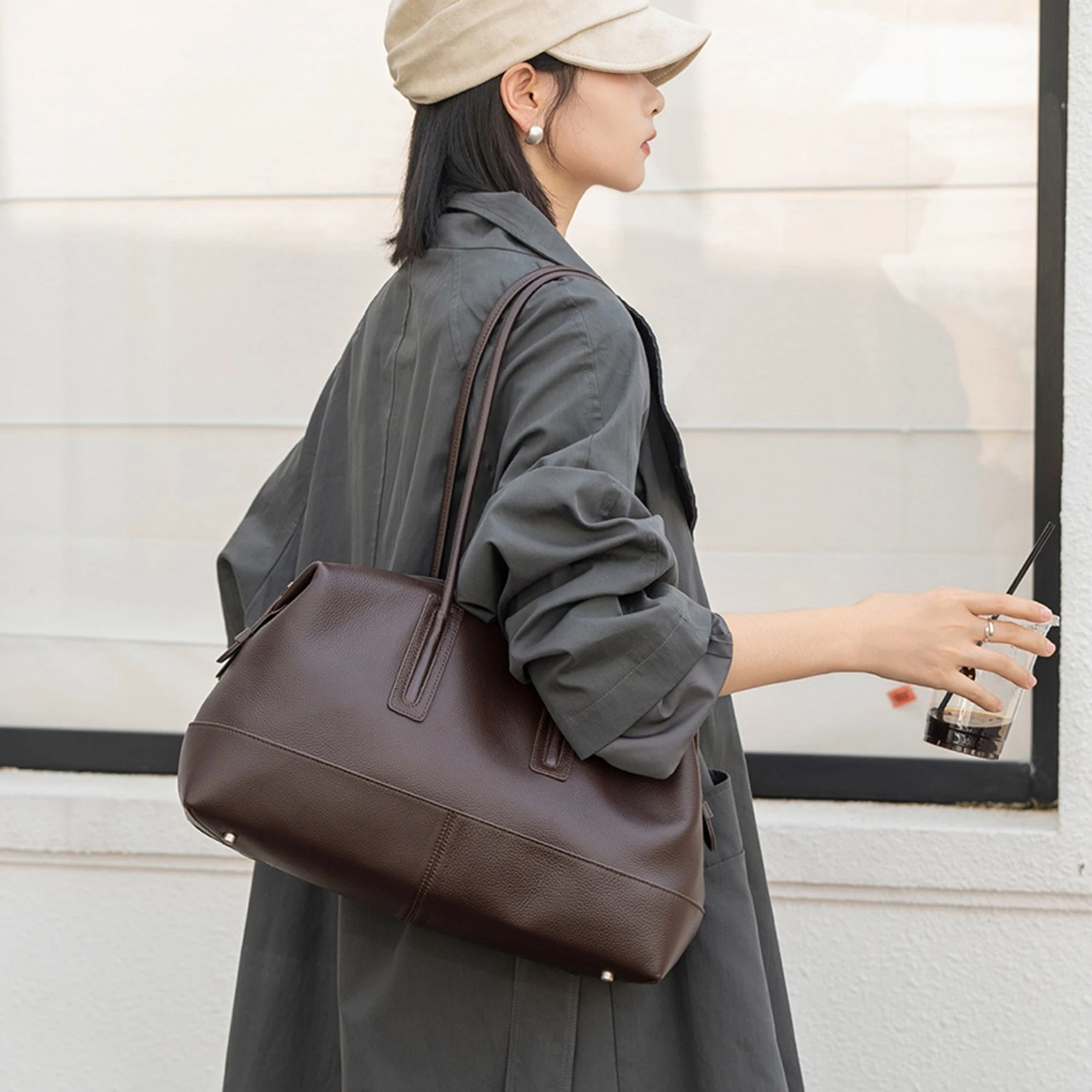 CKKUI Vintage Women's Bowling Bag Luxury Designer Genuine Leather Cowhide Suede Shoulder Bag Ladies Commuter Versatile Handbags