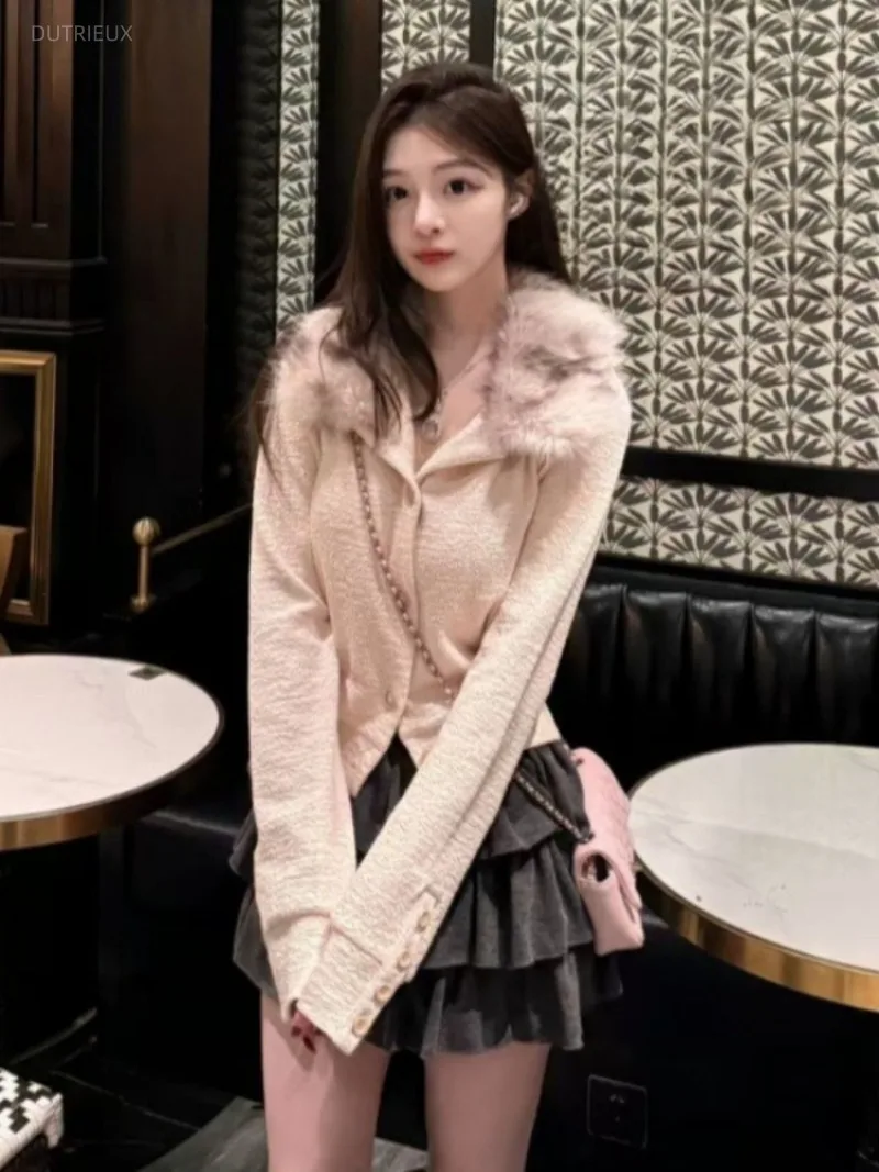 French Sweet Elegant Faux Fur Hooded Coats Y2k Aesthetic High Street Single Breasted Populat Cardigan Harajuku Casual Clothes
