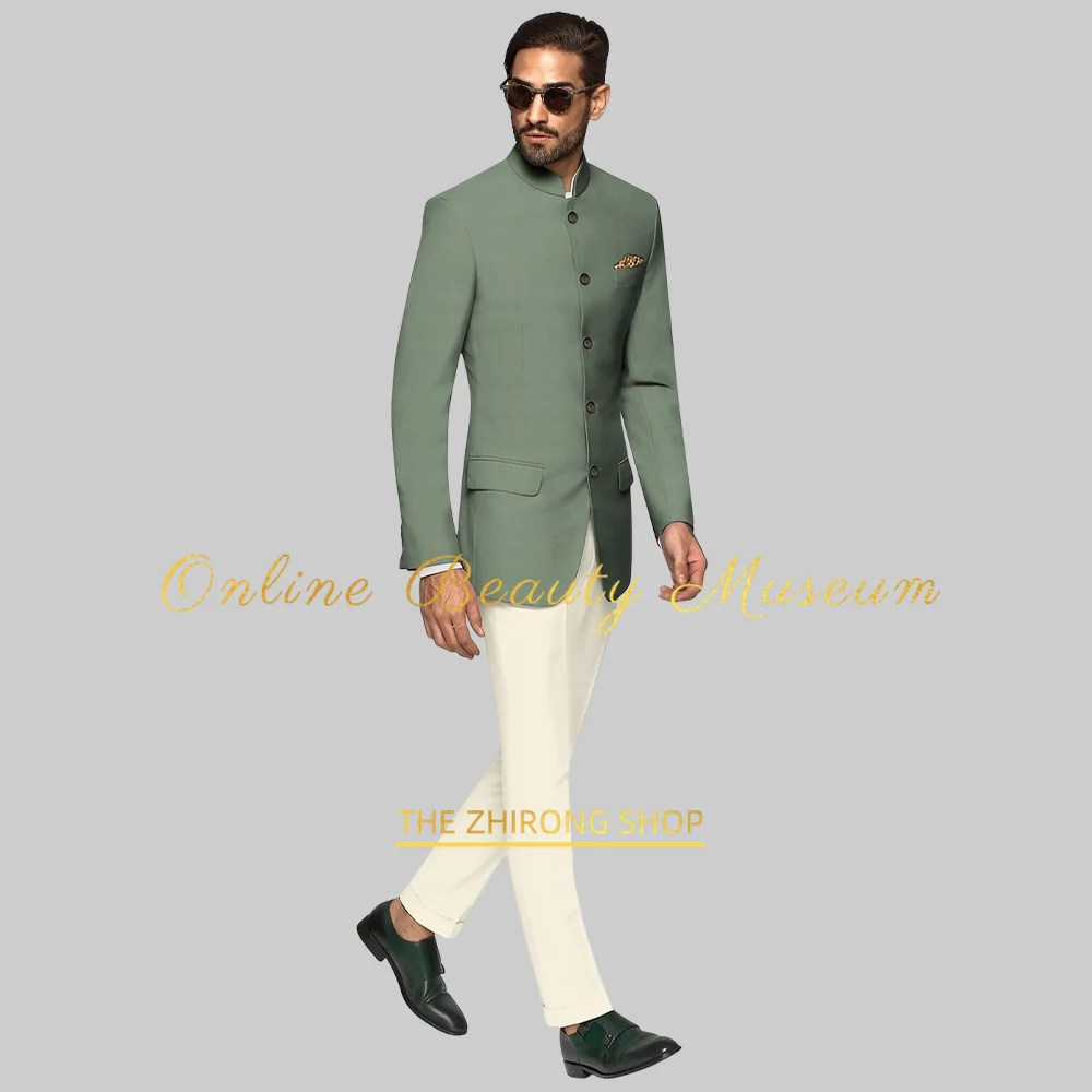 Creamy white men's 2-piece suit (jacket+pants) Chinese tunic suit wedding prom birthday party festival event custom male attire