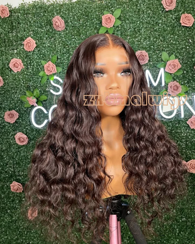 

ZXBMALWIGS синтетические волосы 13x4 парик фронта шнурка темно-коричневый шоколад вьющиеся бесклеевые термостойкие волокна парик шнурка косплей волокно