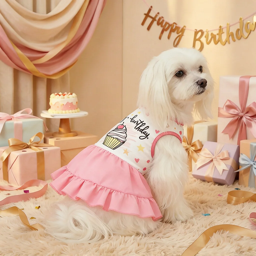 Vestido perro cumpleaños con estampado cupcakes rosa blanco - imagen 4