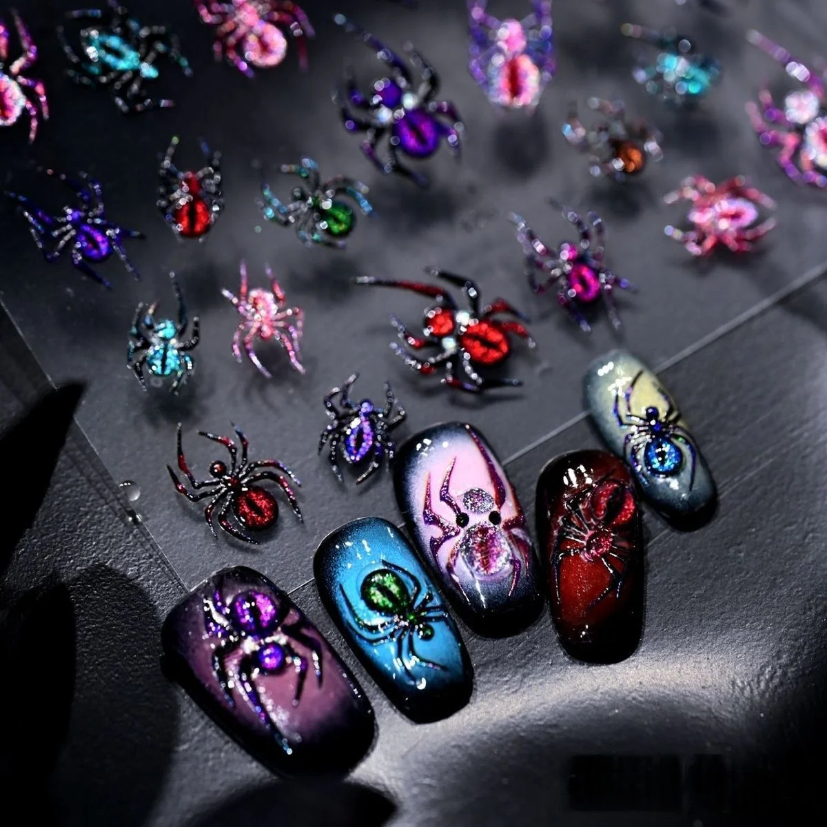 1pc-5D Glitter Cat eye Spider Nail Stickers Sparkle Devil Eyes Spider Design Self-adhesive Slider Decals Halloween Nail Supplies