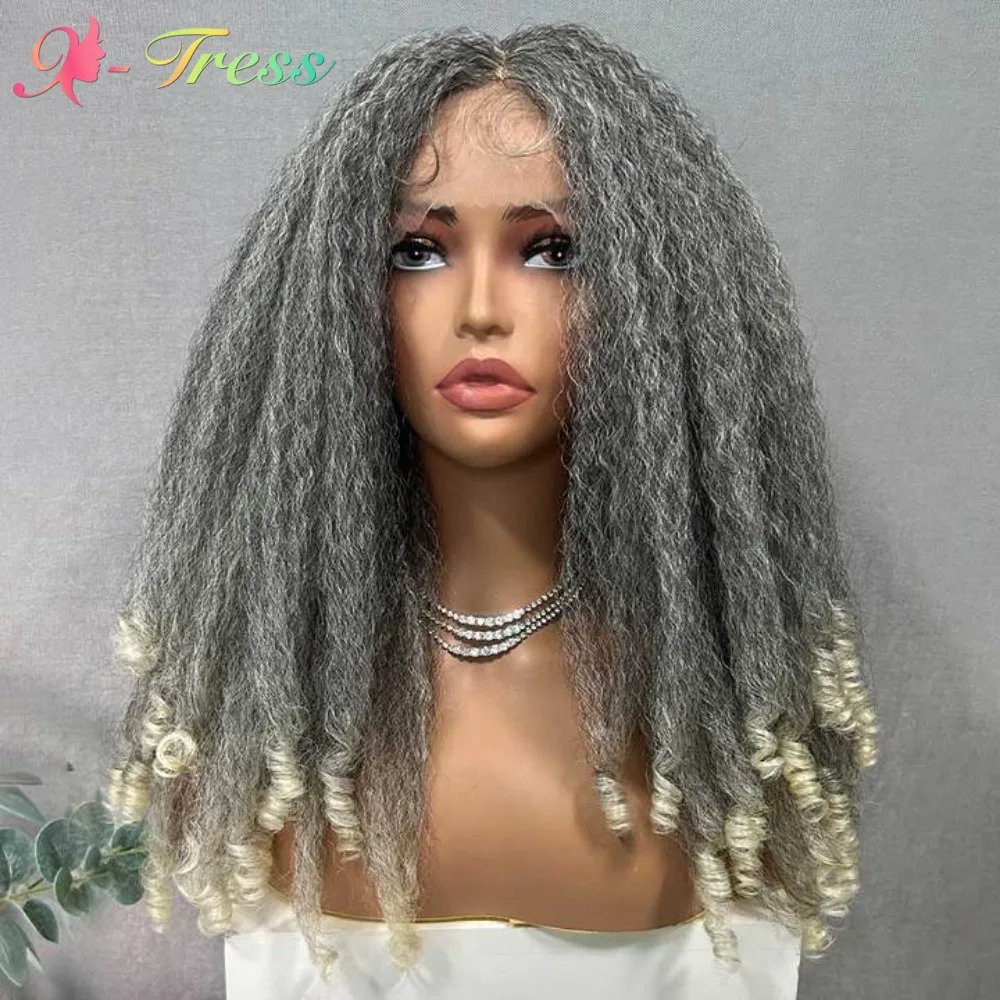 X-TRESS Lace Front Wig 20Inches Light Grey mixed Blonde Ending Long Curly Hair Middle Part Wigs Heat Resistant Fiber for Women