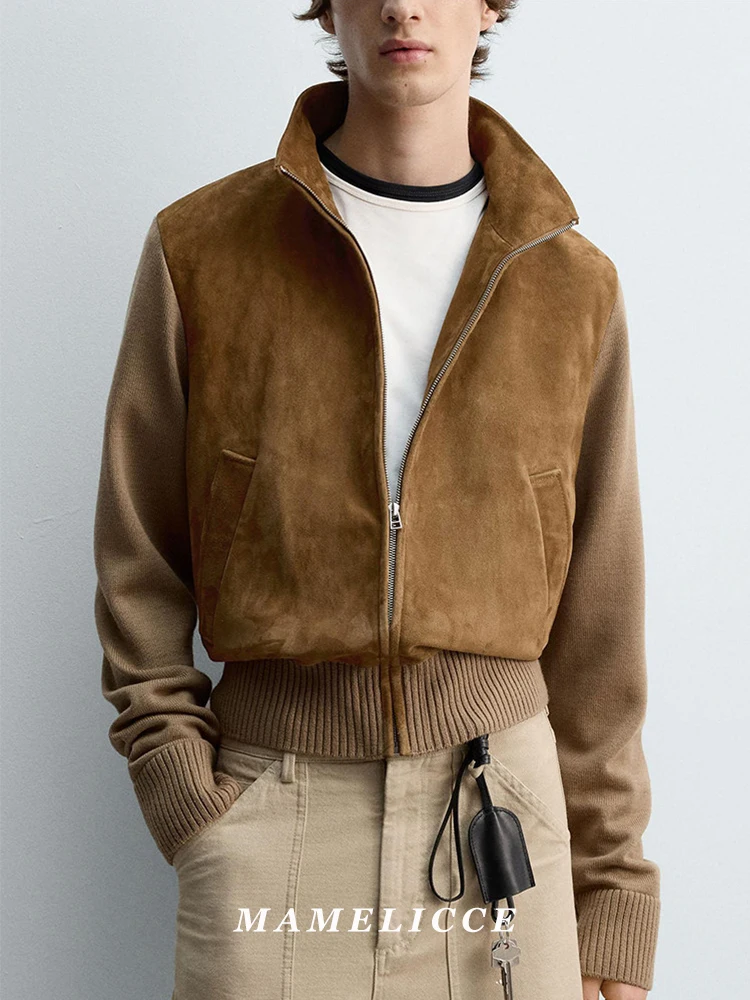 MAMELICCE Original design stand collar Faux leather Knitted sleeves Splicing Short slim jacket Waist cinching style coat jackets