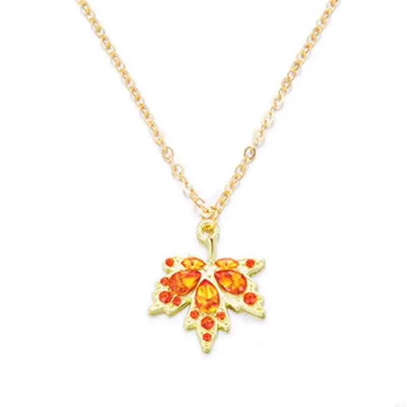 91AF Elegant Maple Red Rhinestones Accented Beaded Gravel Necklace Lightweight Design