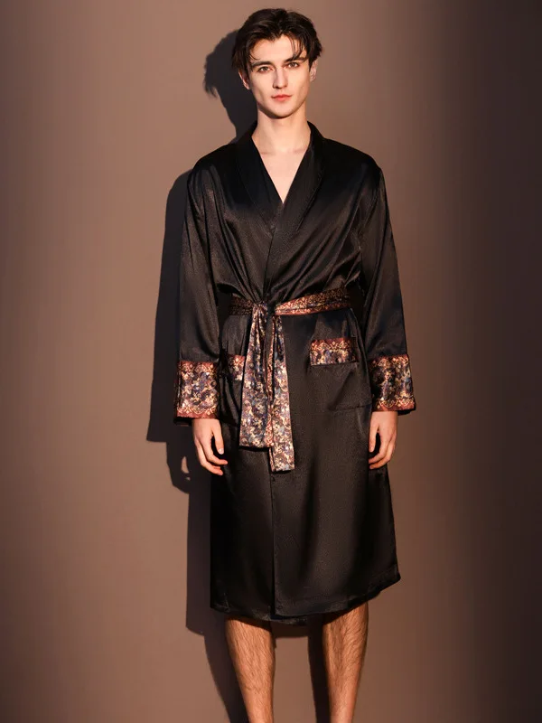Silk Sleepwear Men's Long Sleeve Bathrobe Spring Autumn Style Mid-Length Comfortable Fit Home Clothes Robe