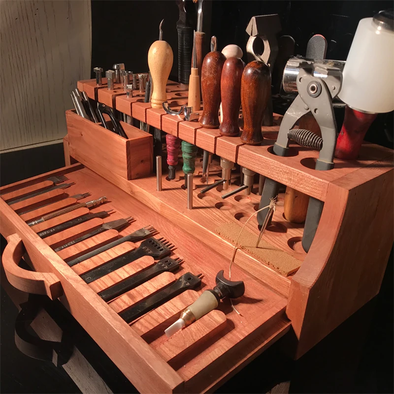 2026hot sell DIY57 hole wire insertion pin, elm wood leather carving leather tool holder, handmade leather tool holder