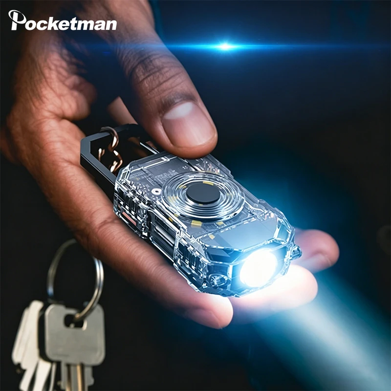 Transparent Keychain Flashlight 6 Modes Rechargeable Mini LED Work Light with Red Blue Warning Light Waterproof Pocket Torch