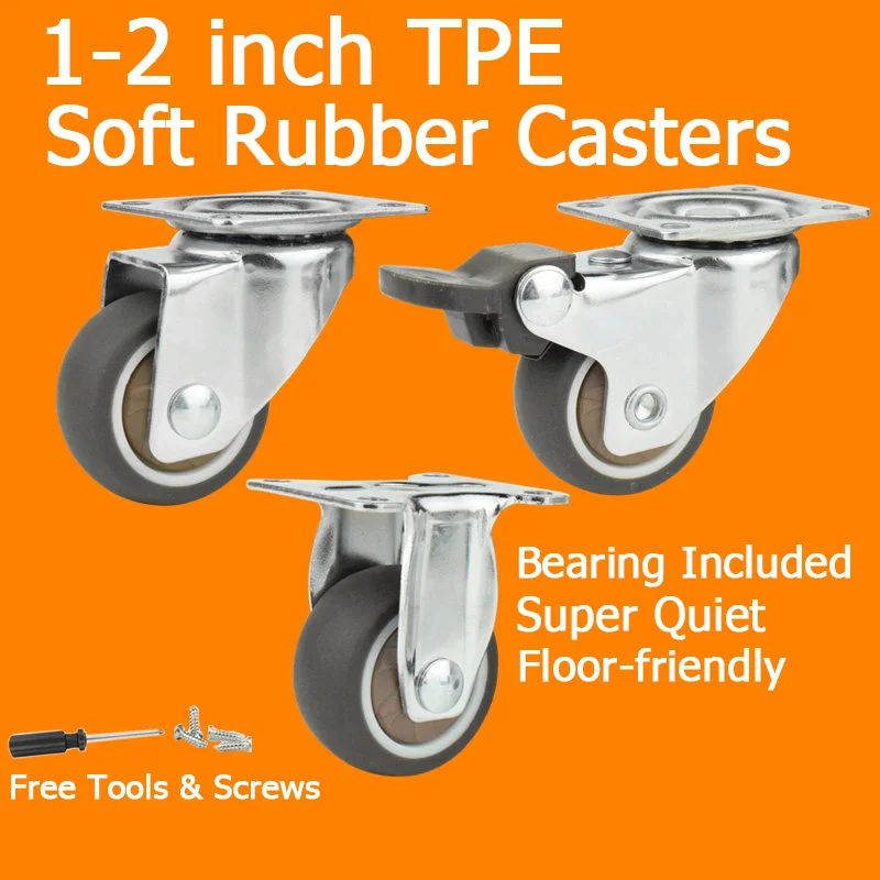 Super Quiet Swivel Casters 1/1.25/1.5/2 Inches Soft Rubber Wheels Double Bearing Fixed Swivel Brake Casters Furniture Casters
