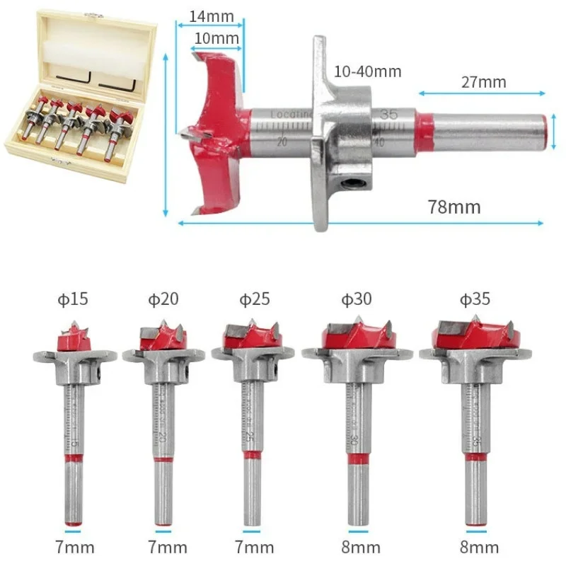 

7Pcs/Set Diameter 15-30mm Adjustable Carbide Drill Bits Hinge Hole Opener Boring Bit Tipped Drilling Tool Woodworking Cutter