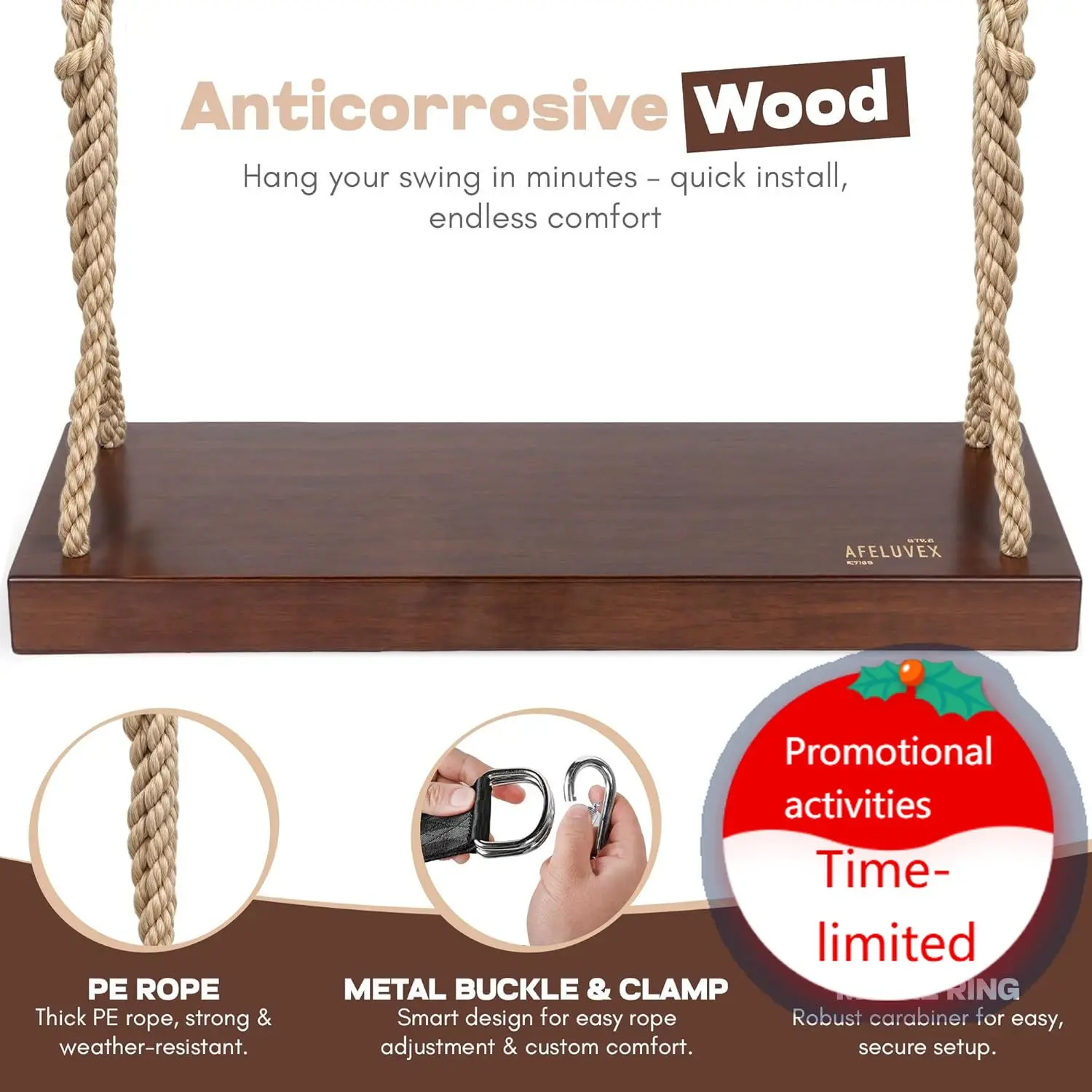 

Outdoor Wood Hanging Seat, 22" x 8" x 2" Cedar Wooden Tree Swing for Adults & Kids, 440+ lb Capacity, Adjustable 5-7 ft Rope, Cl