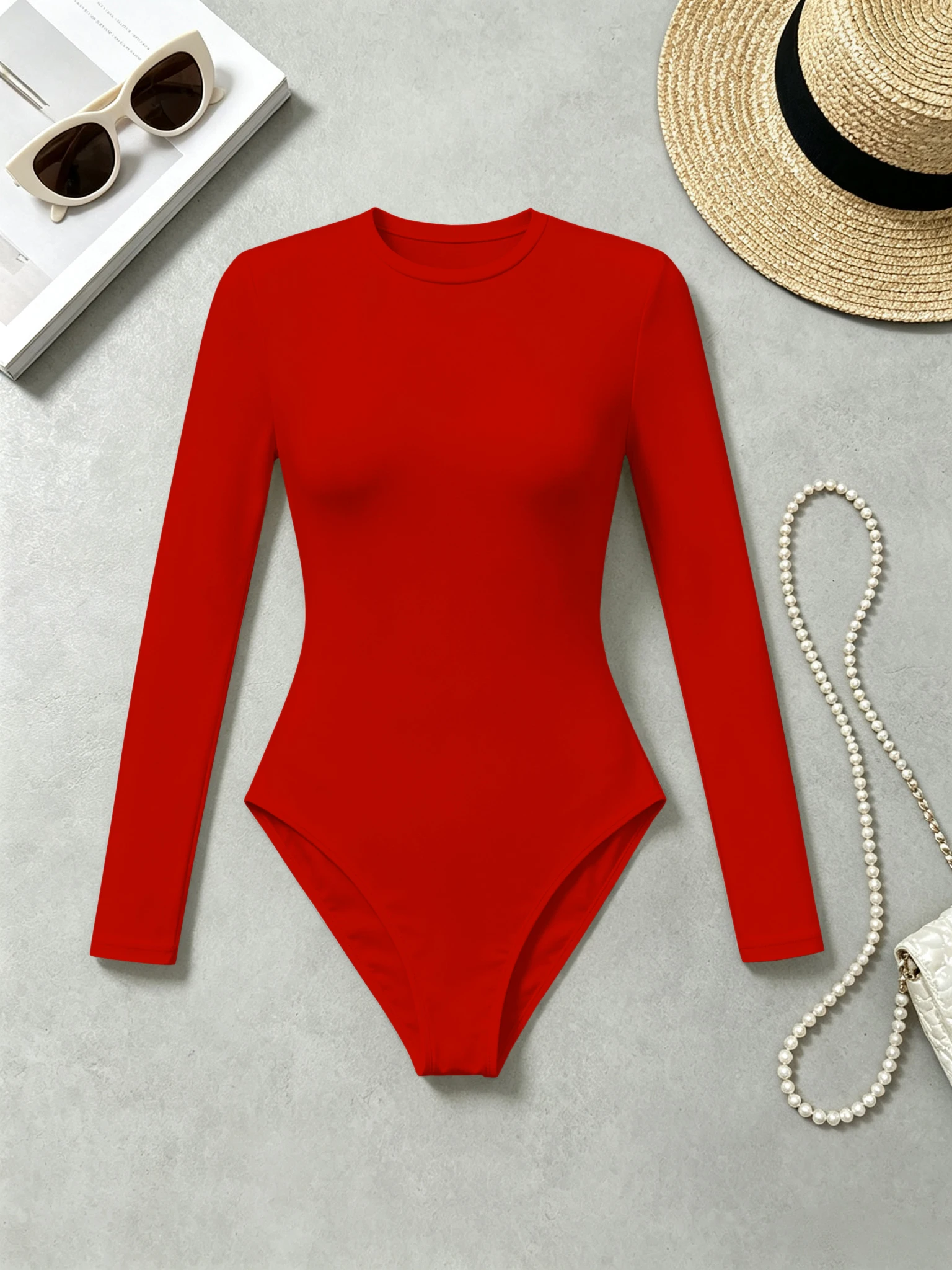 Damen-Bodysuit mit Rundhalsausschnitt und Langen Ärmeln, Schlanke Passform, Hochelastisch, Einfarbiger Casual-Jumpsuit für den Alltag – Detail 18