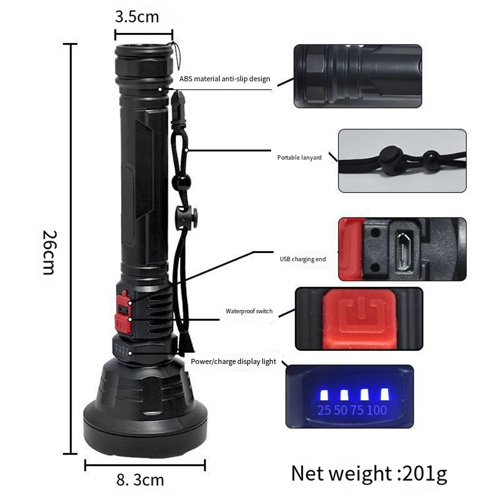 Strong Light Flashlight LED Power Display Built in Battery Outdoor Long Range Waterproof USB Charging Strong Light Flashlight