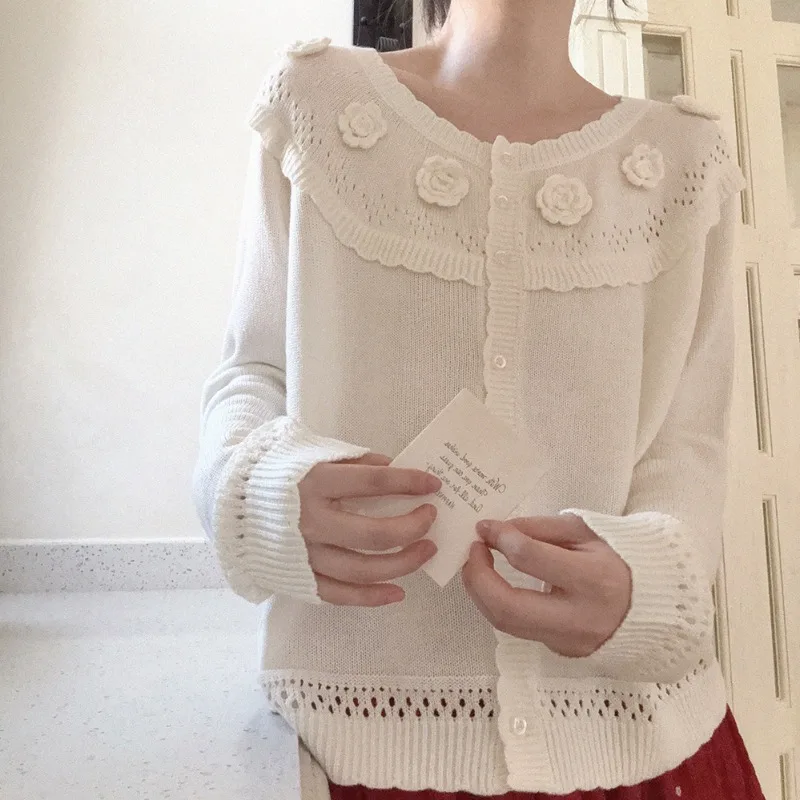 Cardigans de malha kawaii feminino outono manga longa bonito mão crochê flores decoração solta doce suéteres