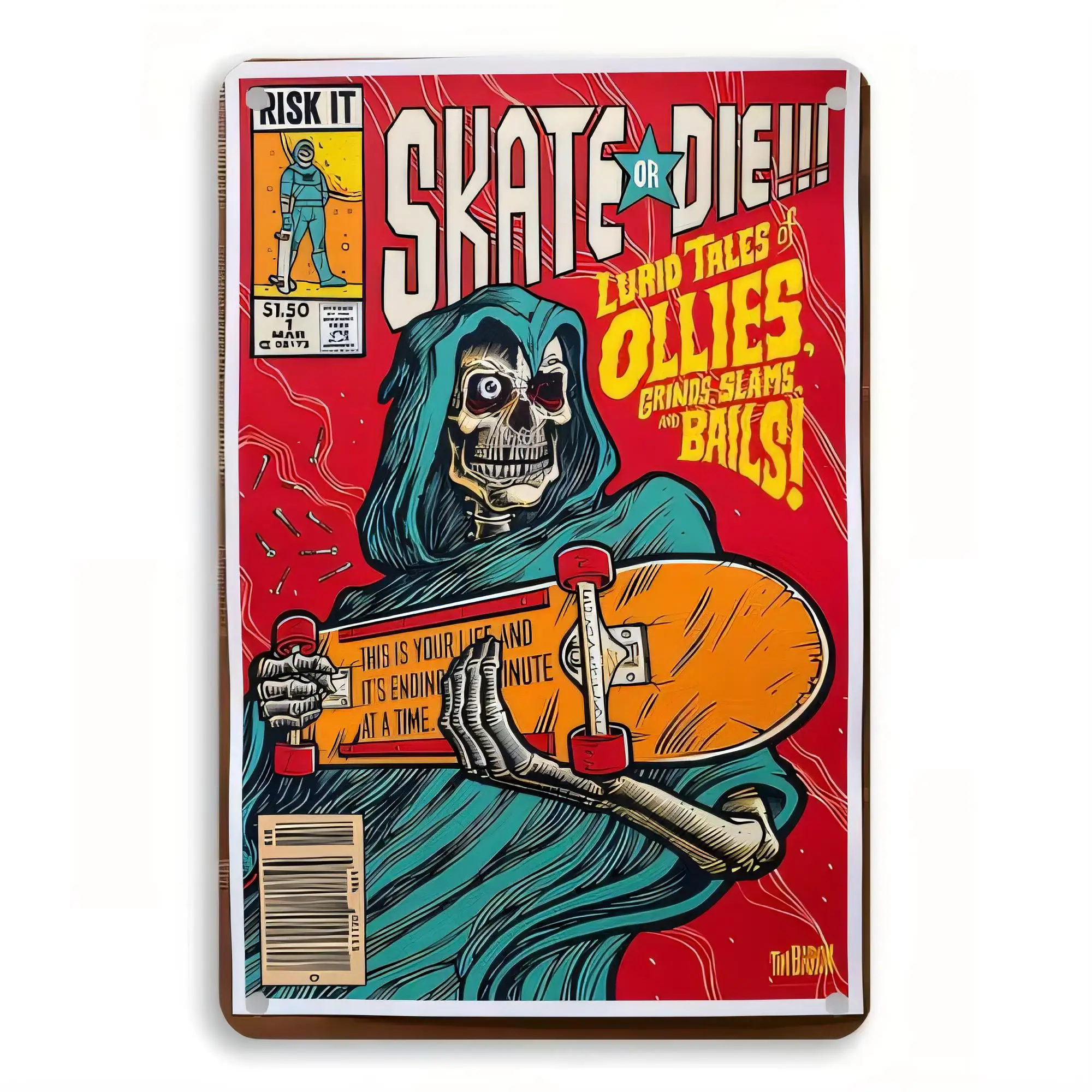 Tin Sign Skate or Die Punk Retro Vintage Metal Wall Art Poster, Grunge Skull Rider Skeleton Skateboard Quote Decor for Garage Ba