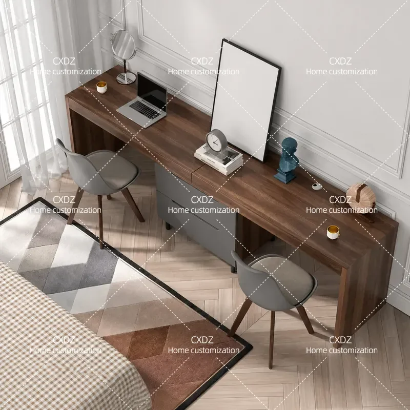 Nordic Double Desk Retractable Student Writing Table Small Apartment Household Computer Desk Simple Walnut Finish