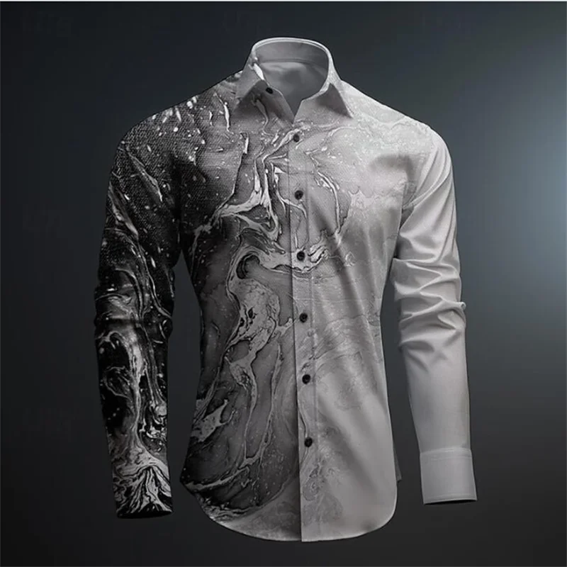 Men's Business Casual 3D Printed Shirt Spring/Summer Collar Button Long Sleeve Shirts Street Fashion Printed Men's Clothing